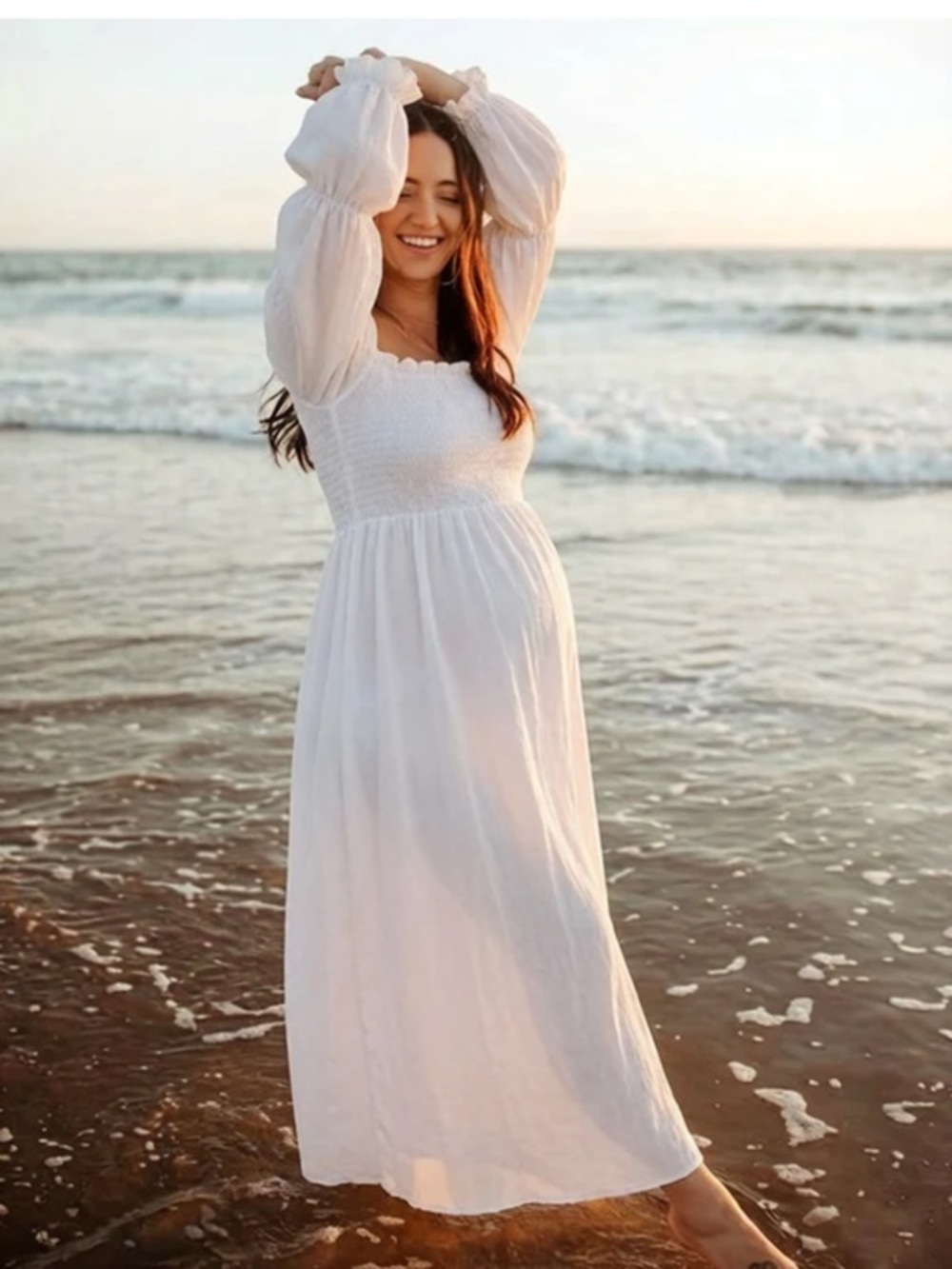 Momyknows White Ruffle Ruched High Waist Puff Sleeve Maternity Maxi Dress Small